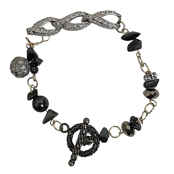 Handcrafted Clear Crystals Disco Ball Hematite Toggle Bracelet - Picture 1 of 2